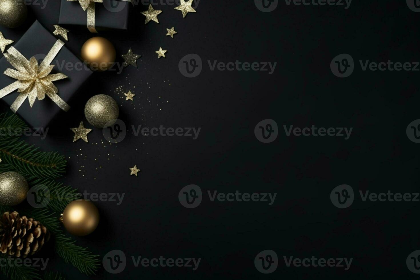 AI generated christmas holidays composition of fir tree branches with baubles copy space photo