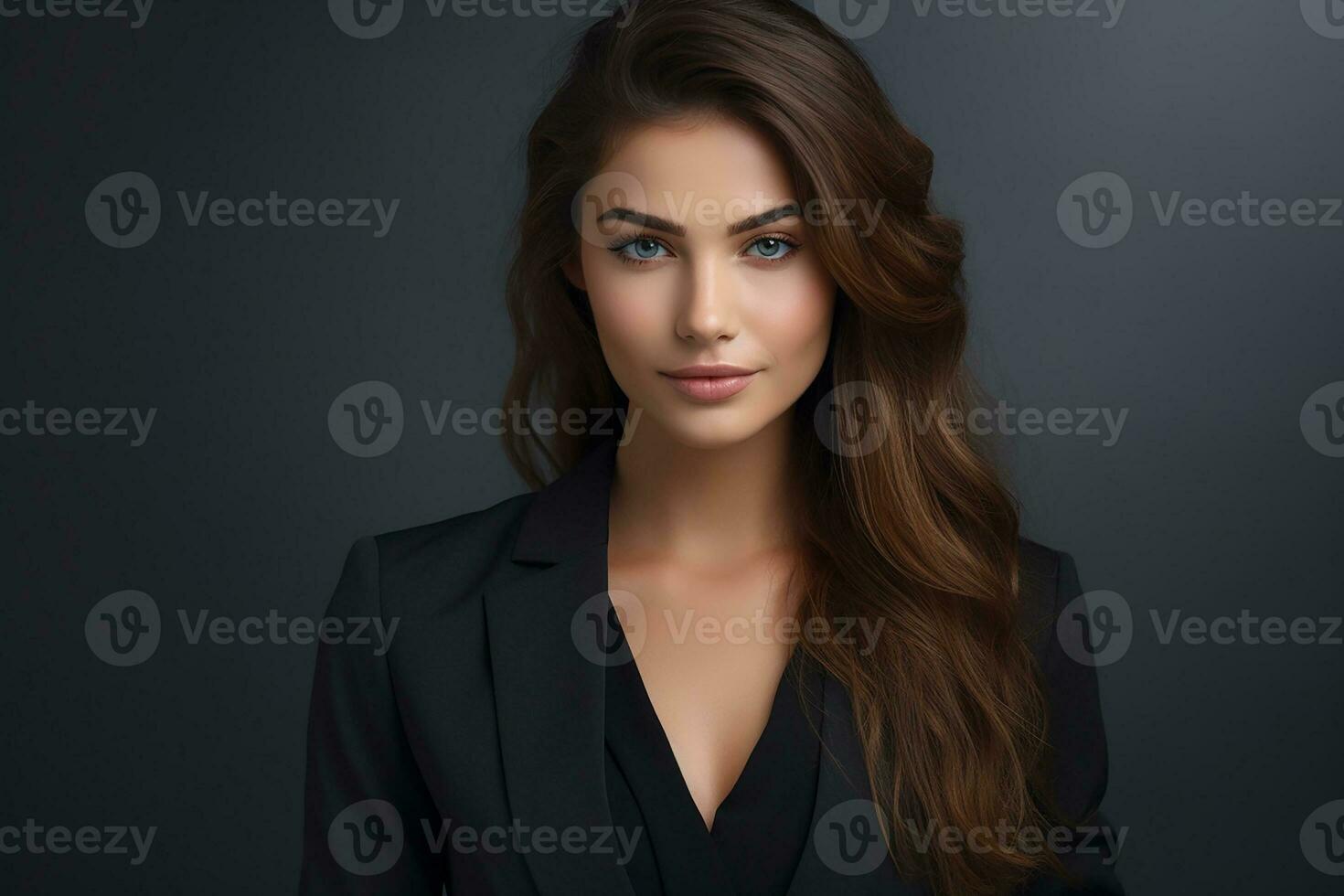 AI generated Portrait of successful and happy businesswoman, office worker smiling and looking at camera, working inside modern office. photo