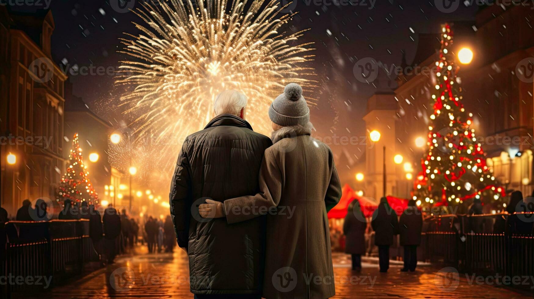 AI generated Back view of elderly couple looking at fireworks on Christmas eve photo
