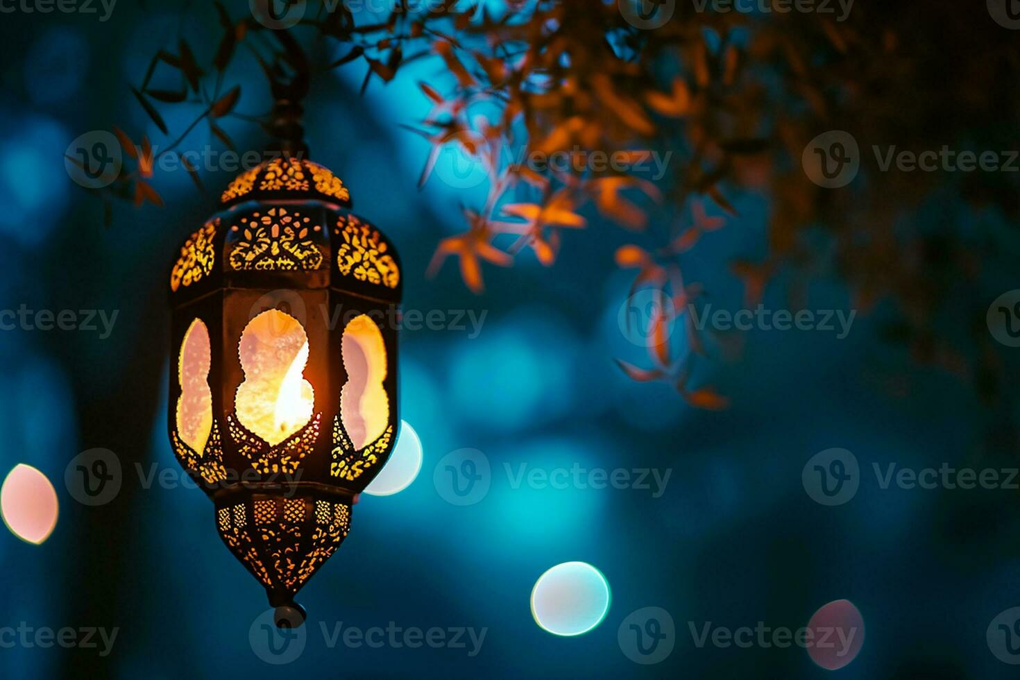 AI generated An illuminated Arabic colorful hanging Ramadan lantern photo