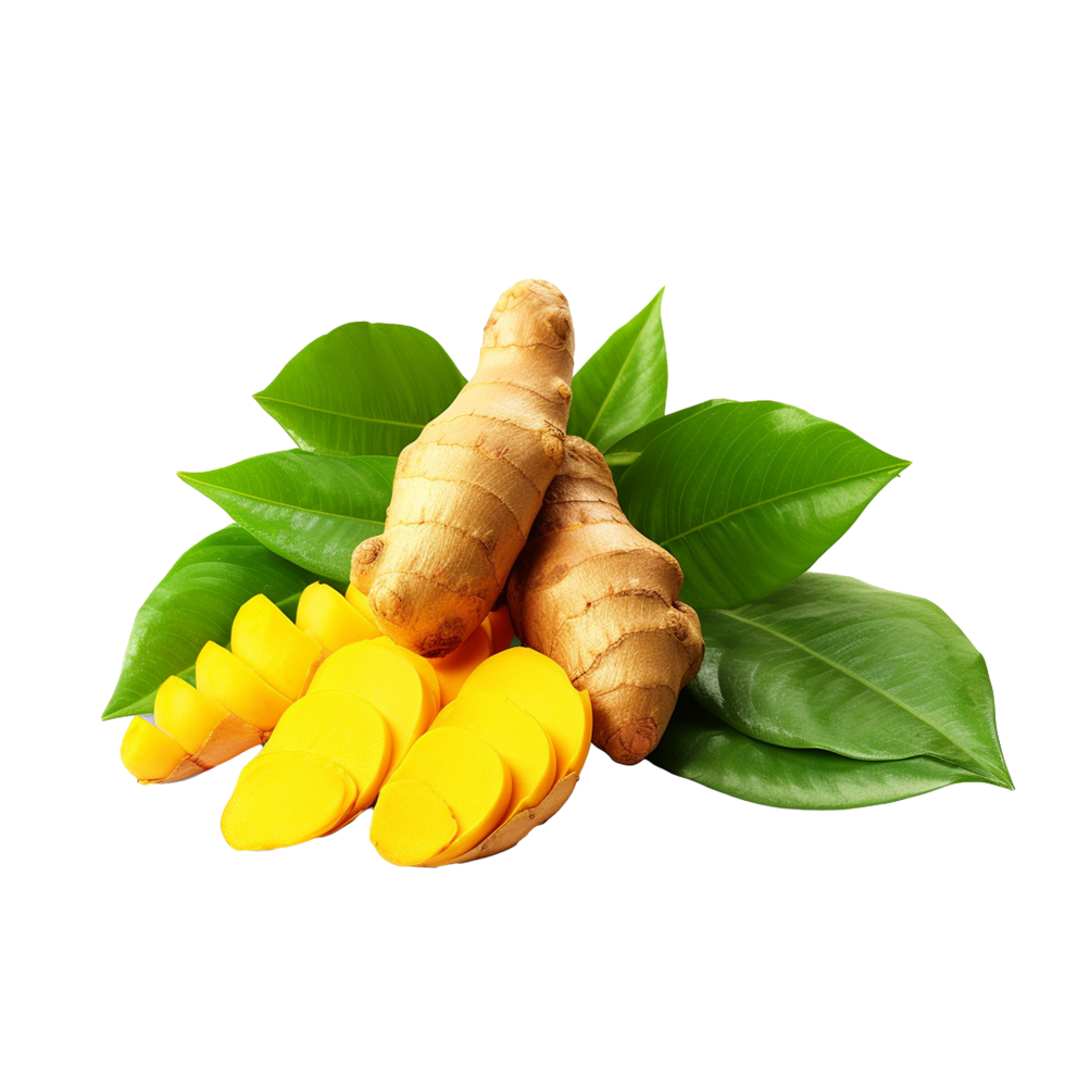 AI generated Fresh turmeric with leaves png isolated on transparent background