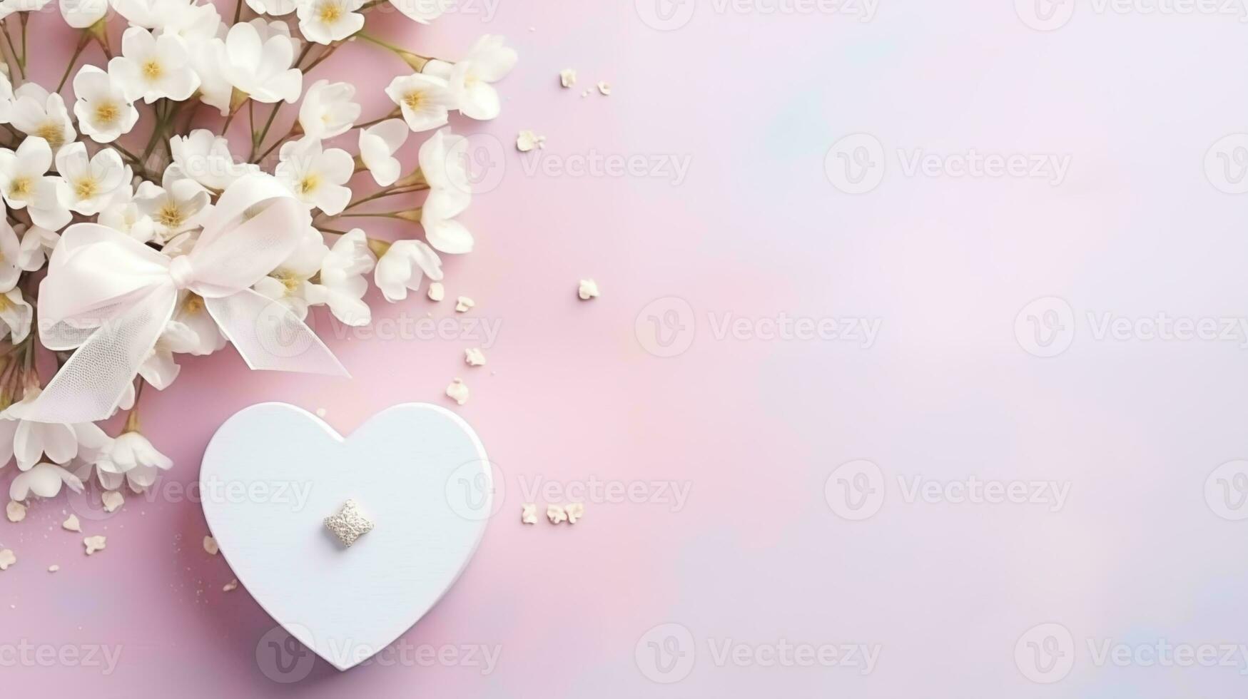 AI generated White Heart giftbox and white flower, top view, copyspace, daytime, Pastel pink background photo