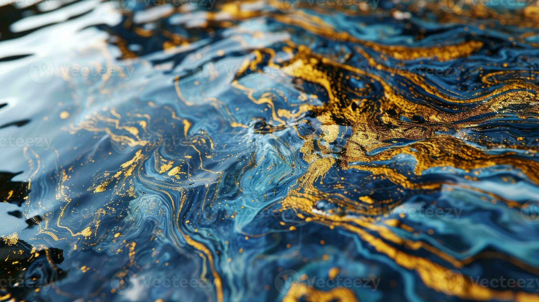 AI generated Abstract blue liquid marble background with shiny glitter. Gold marbled texture. photo