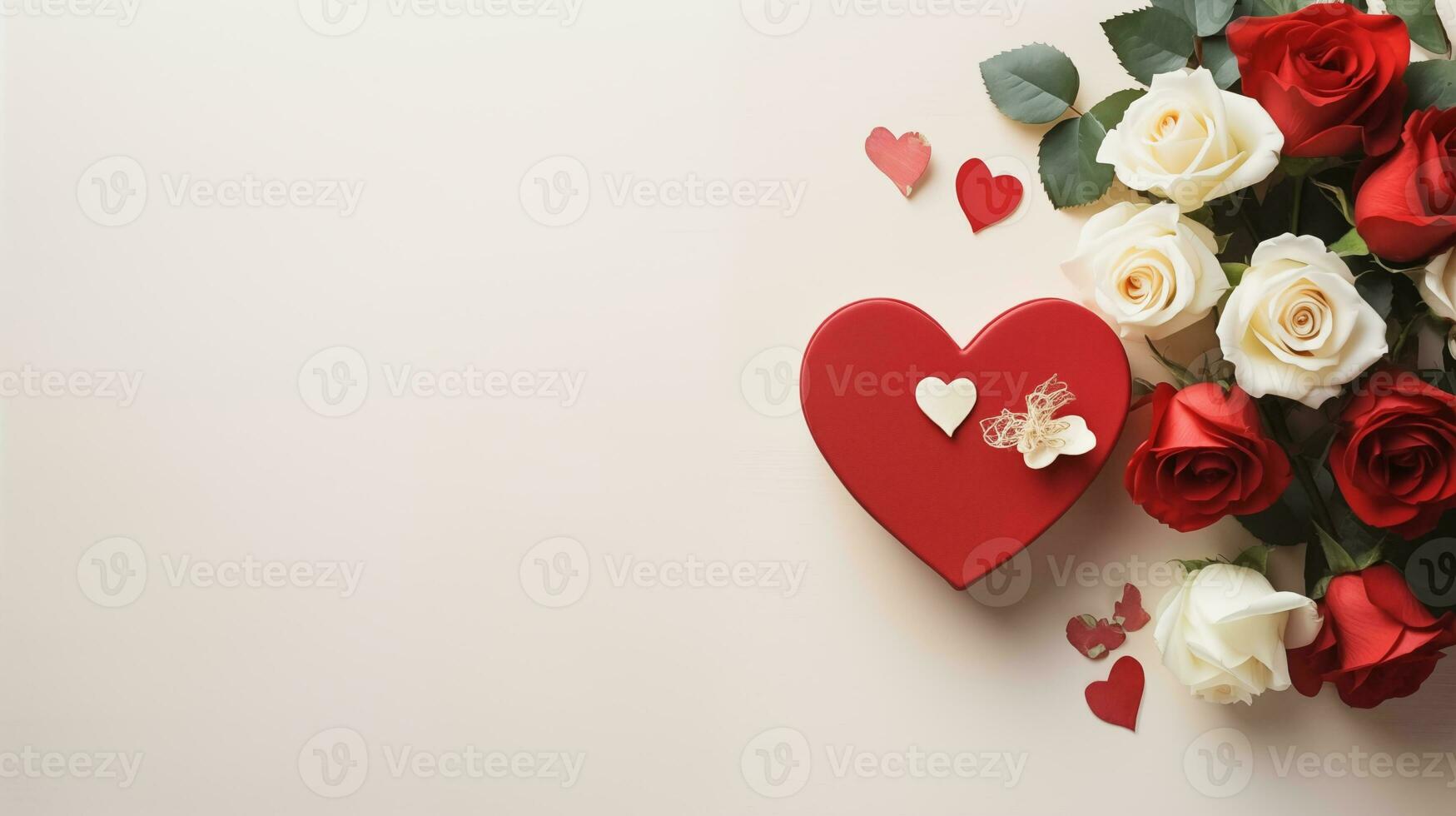 AI generated Happy Valentine day Red Heart giftbox with roses flower, top view, copyspace, daytime, white background photo