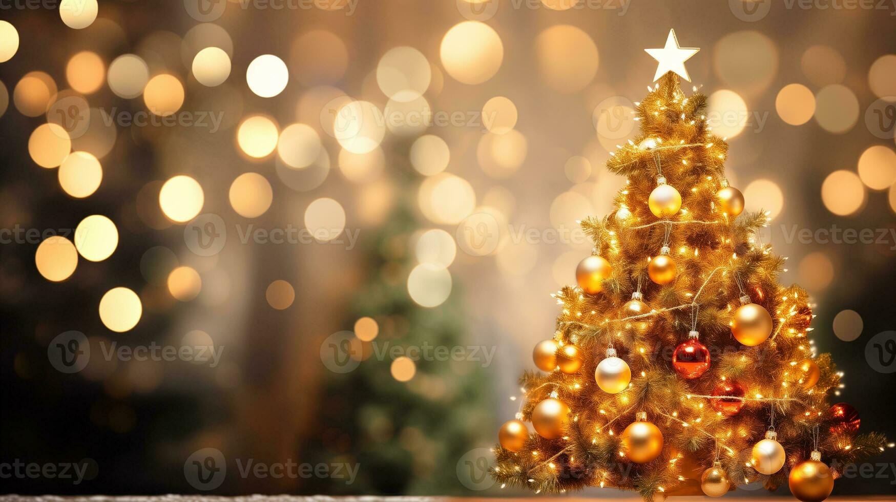 AI generated a golden christmas tree is shown in front of a blurred background photo