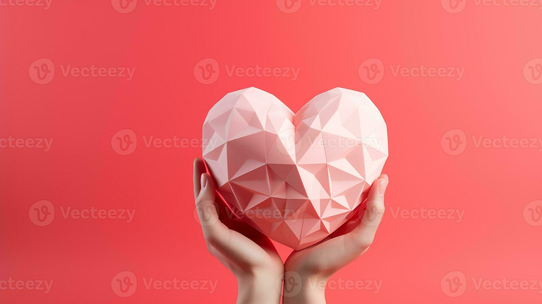 AI generated Happy Valentines day Hand holding pink paper polygon heart, coral color background, space for text, copy space, romantic photo