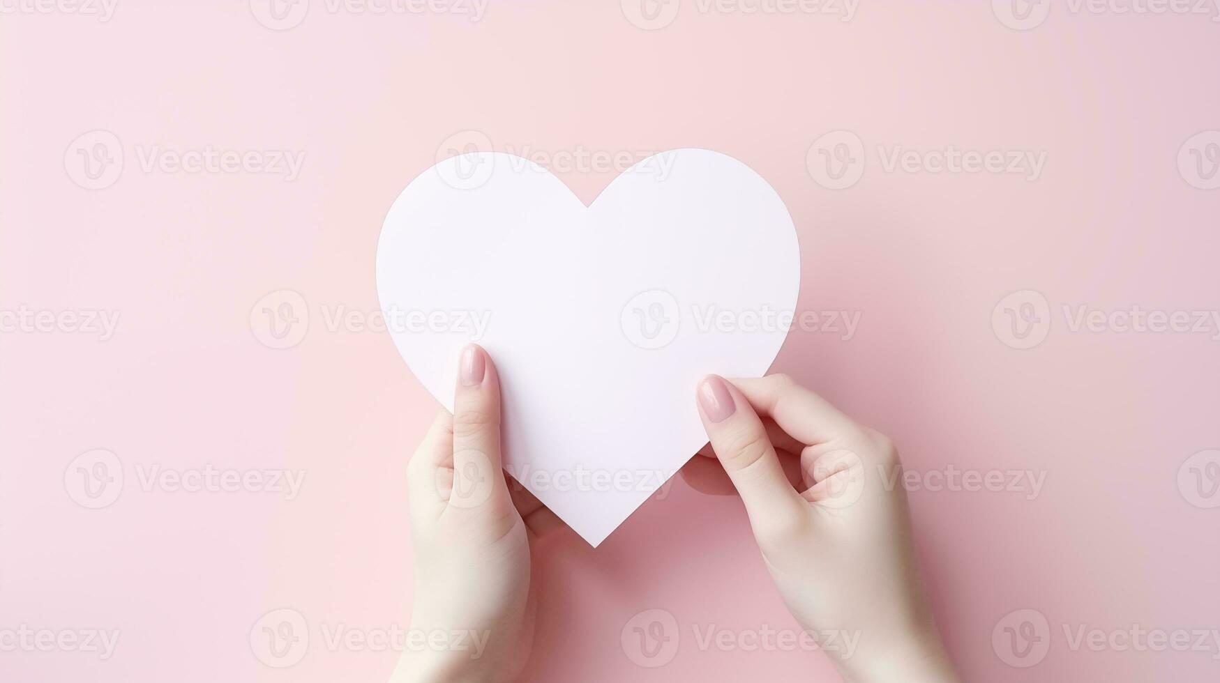 AI generated Closeup Hand holding white paper heart, white background, realisticphoto, pastel pink color background, space for text, copy space, valentine day photo