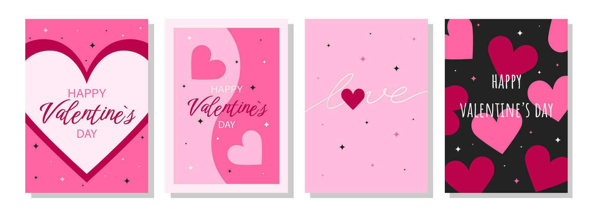 Valentine's Day greeting card set. Hand drawn trendy cartoon heart, love lettering. Vector illustration