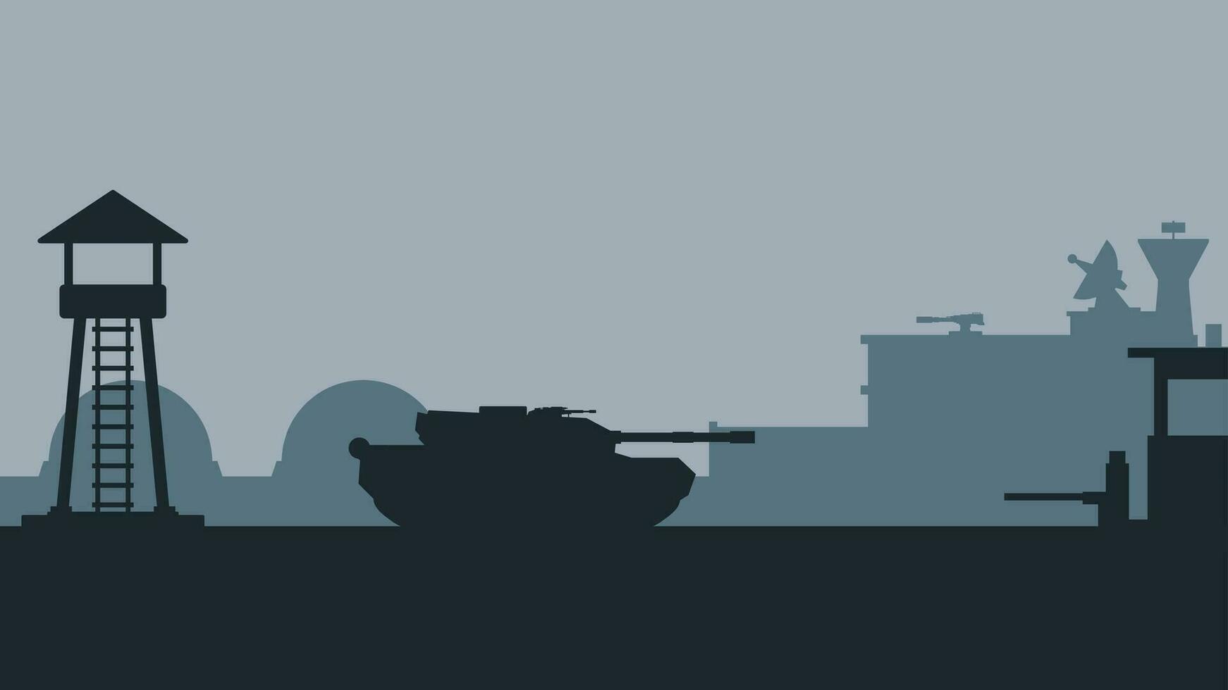 militar base paisaje vector ilustración. silueta de militar base portón con tanque y torre de vigilancia. militar paisaje para fondo, fondo de pantalla o ilustración. Ejército formación campo ilustración