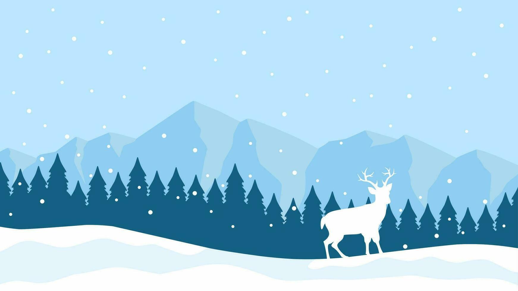 Winter landscape vector illustration. Winter silhouette with deer and pine forest at the snow hill. Cold season landscape for illustration, background or wallpaper