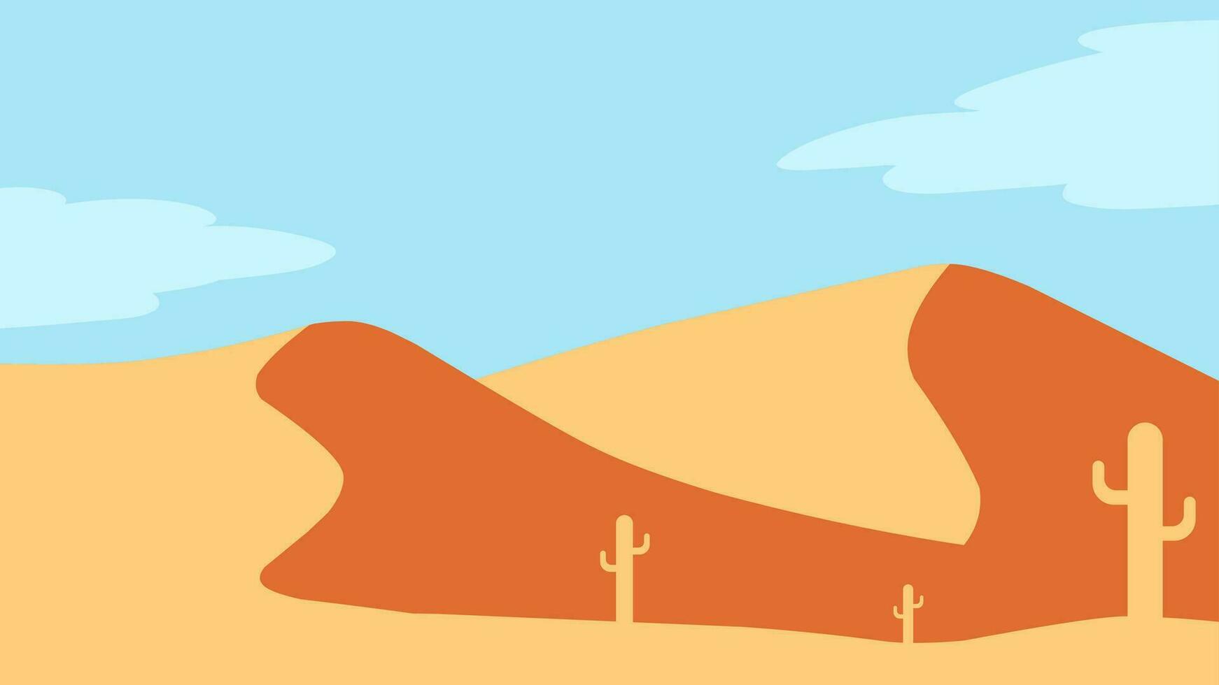 Desert landscape vector illustration. Scenery of sand desert with heat sun and cactus. Dry desert landscape for illustration, background or wallpaper