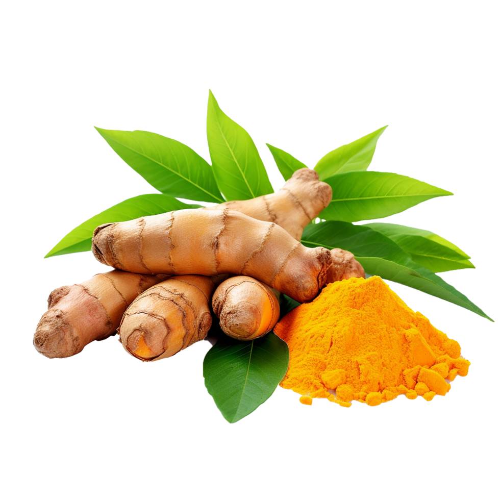 AI generated Fresh turmeric with leaves png isolated on transparent background