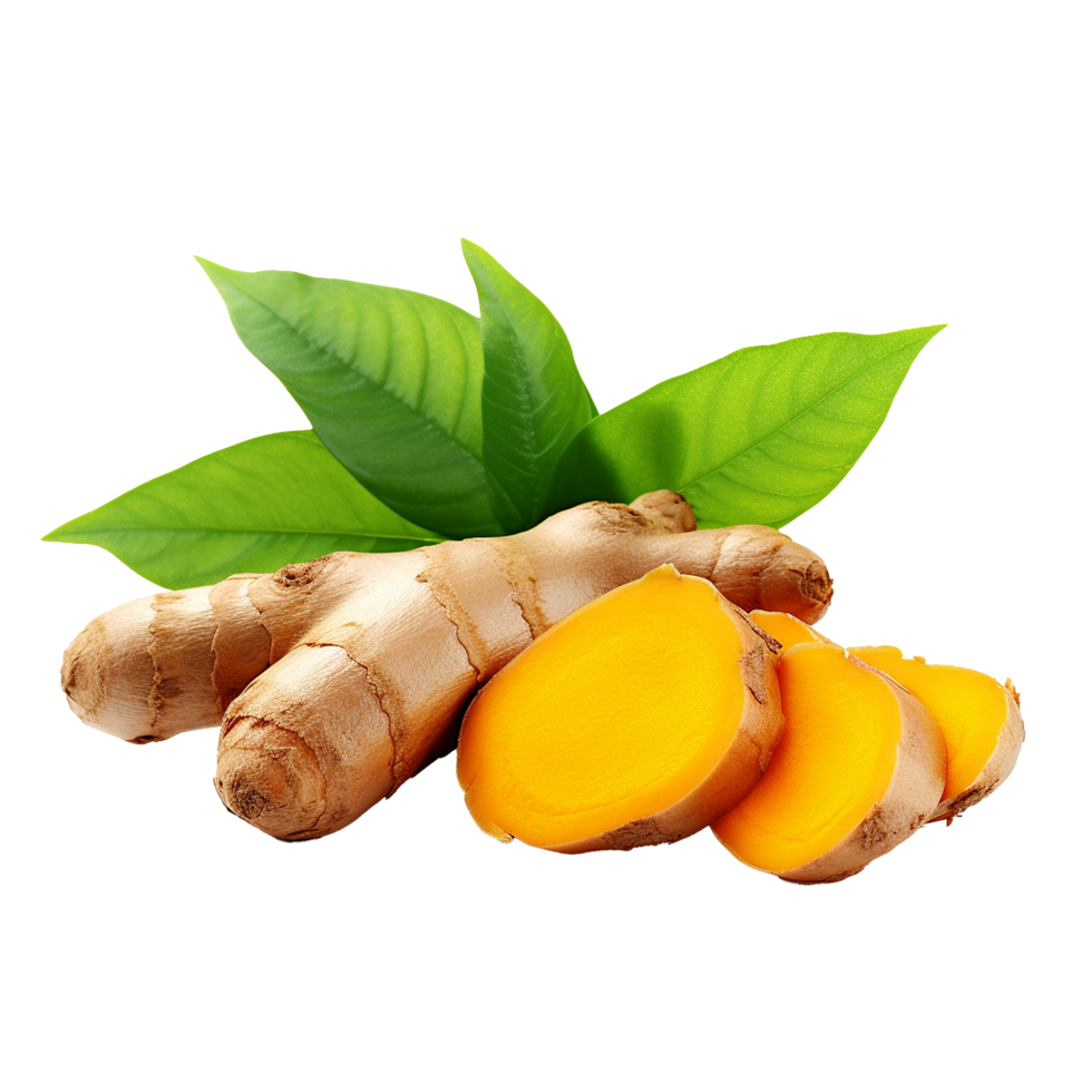 AI generated Fresh turmeric with leaves png isolated on transparent background