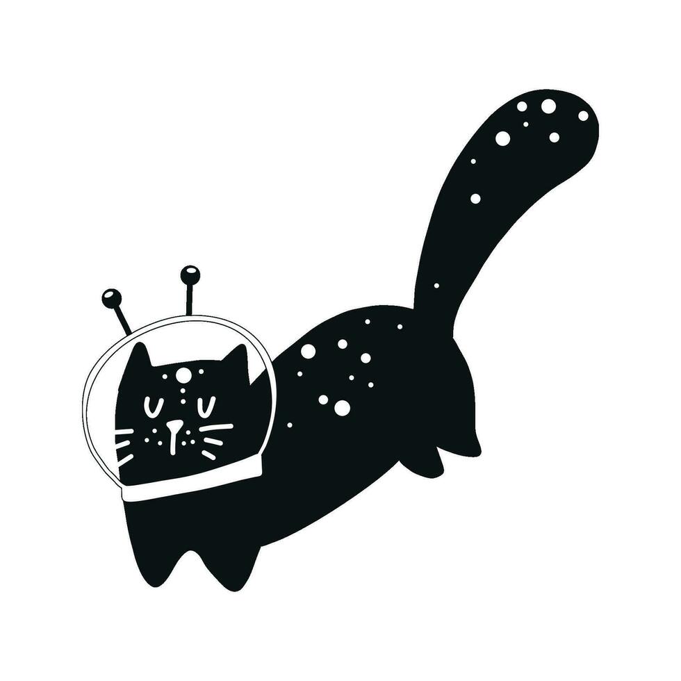 Cute black cat astronaut on a transparent background, drawn in a flat style. vector