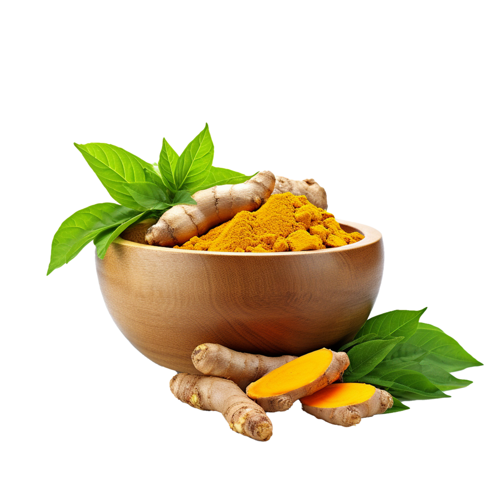 AI generated Fresh turmeric with leaves png isolated on transparent background