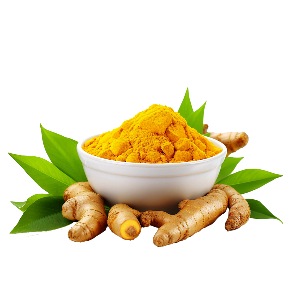 AI generated Fresh turmeric with leaves png isolated on transparent background