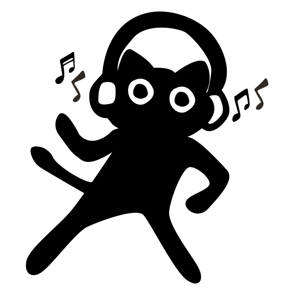 big eye dancing black cat wearing Headphones Wireless png