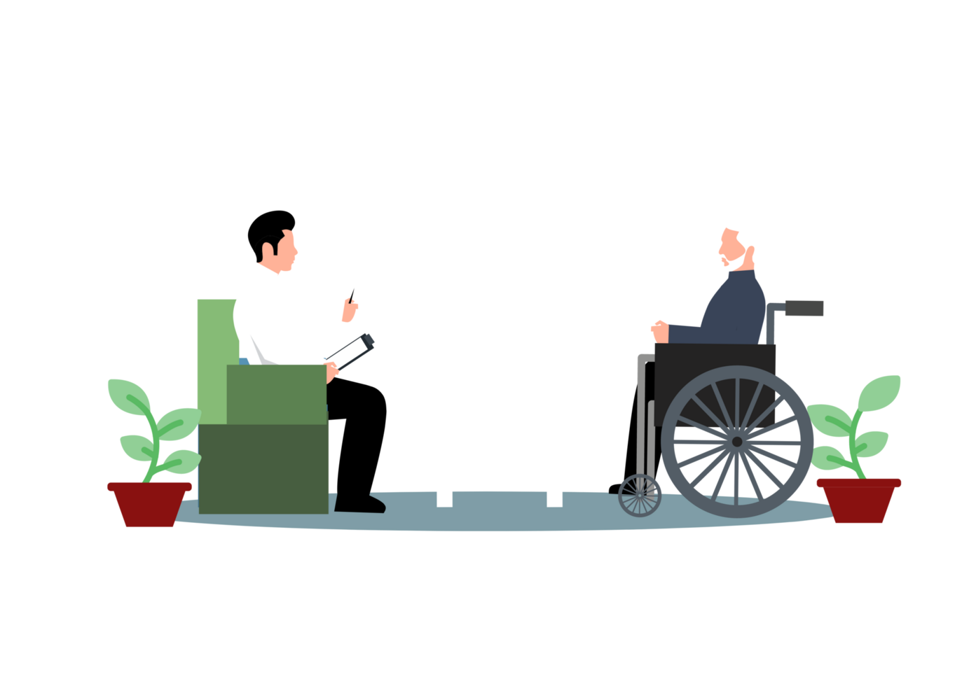 an elderly man in a wheelchair talking to a doctor png