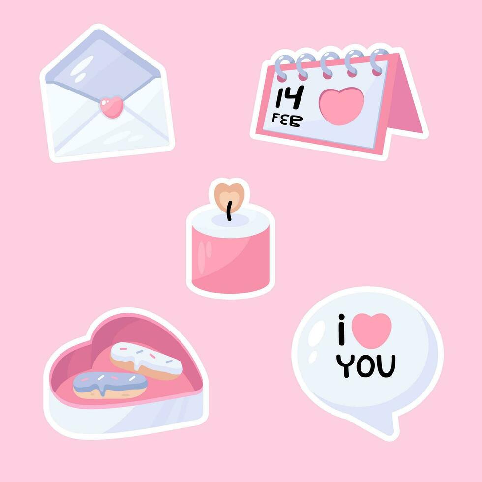 Valentines day element set collection with calendar, candle, sweets and message vector