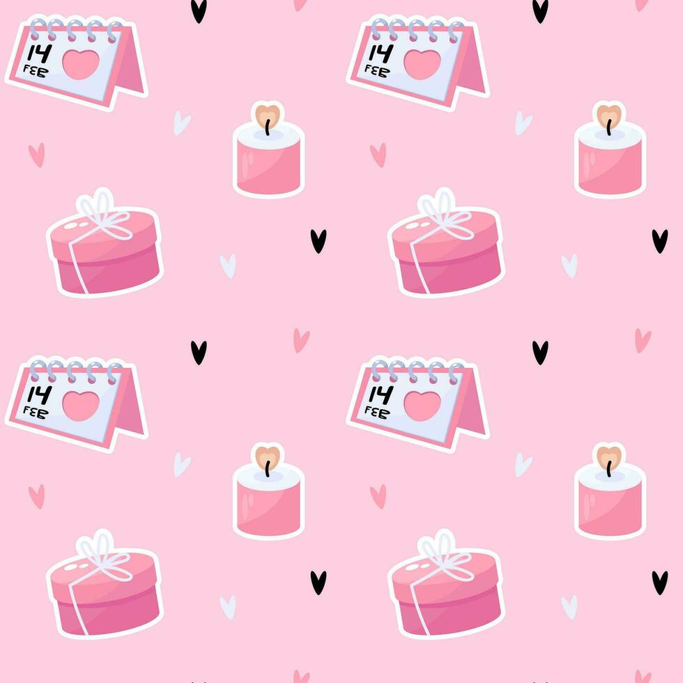 Valentines day seamless pattern with candle, calendar and gift box vector