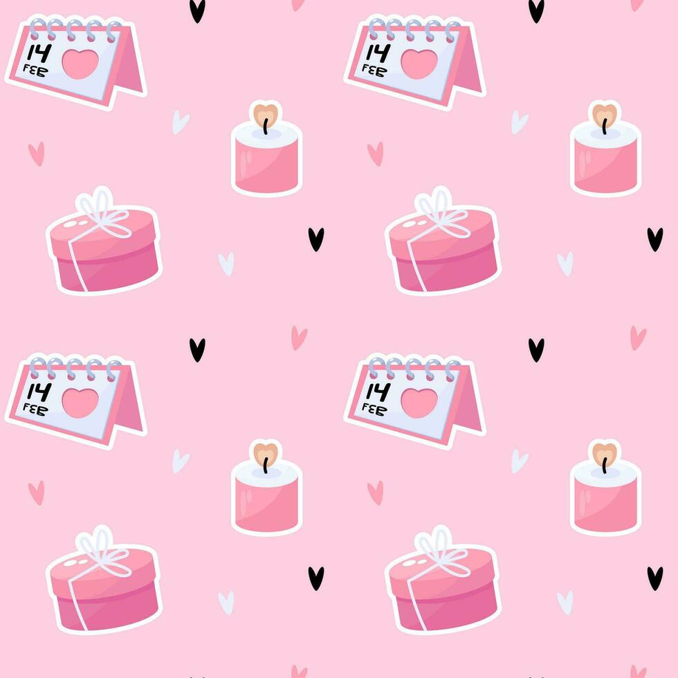 Valentines day seamless pattern with candle, calendar and gift box vector