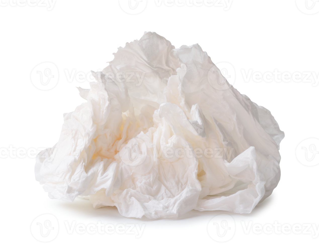 Single screwed or crumpled tissue paper or napkin in strange shape after use in toilet or restroom isolated with clipping path and shadow in png file format