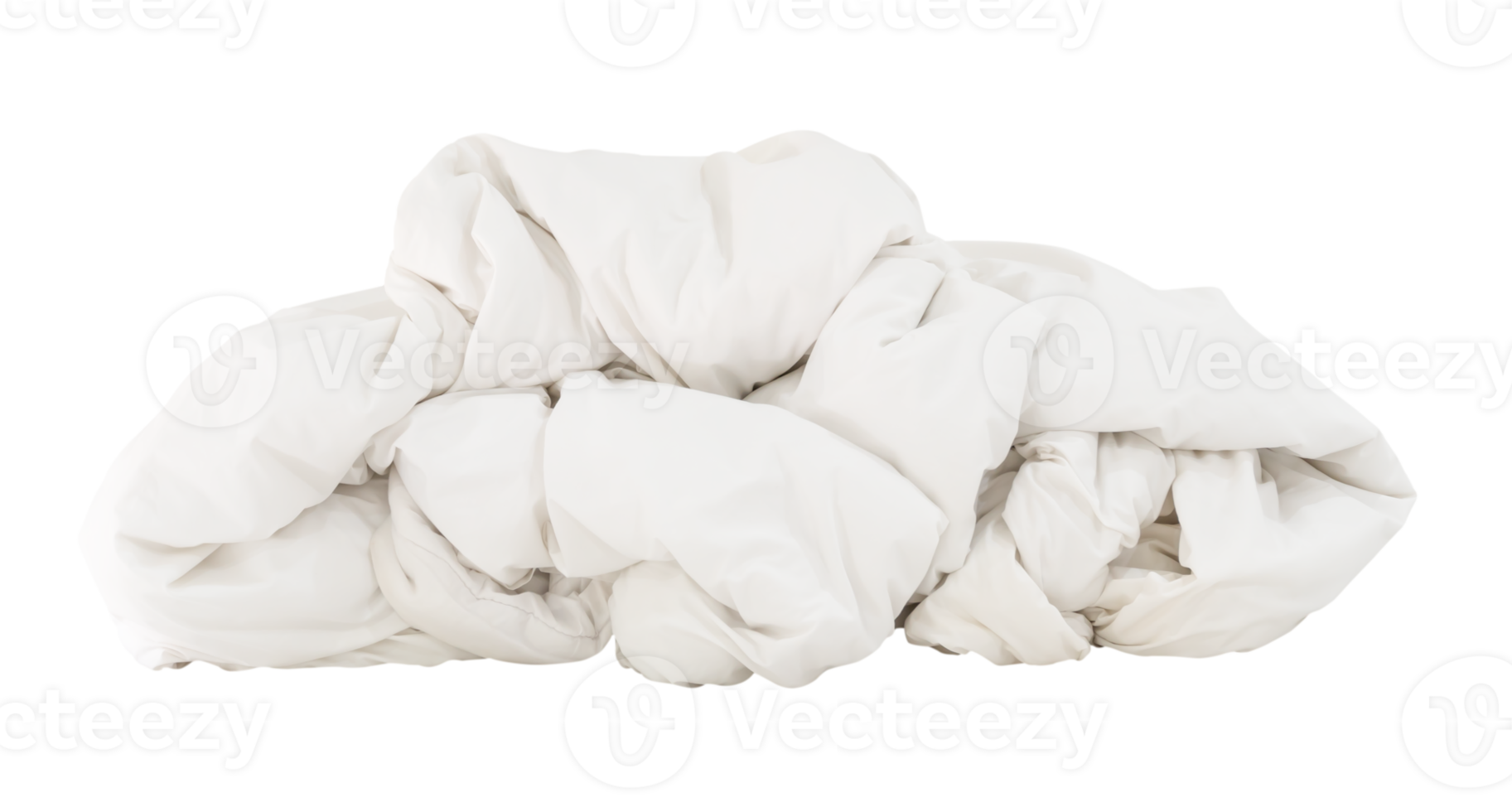 White crumpled blanket or bedclothes in hotel room leaved untidy and dirty after guest's use over night isolated with clipping path in png file format