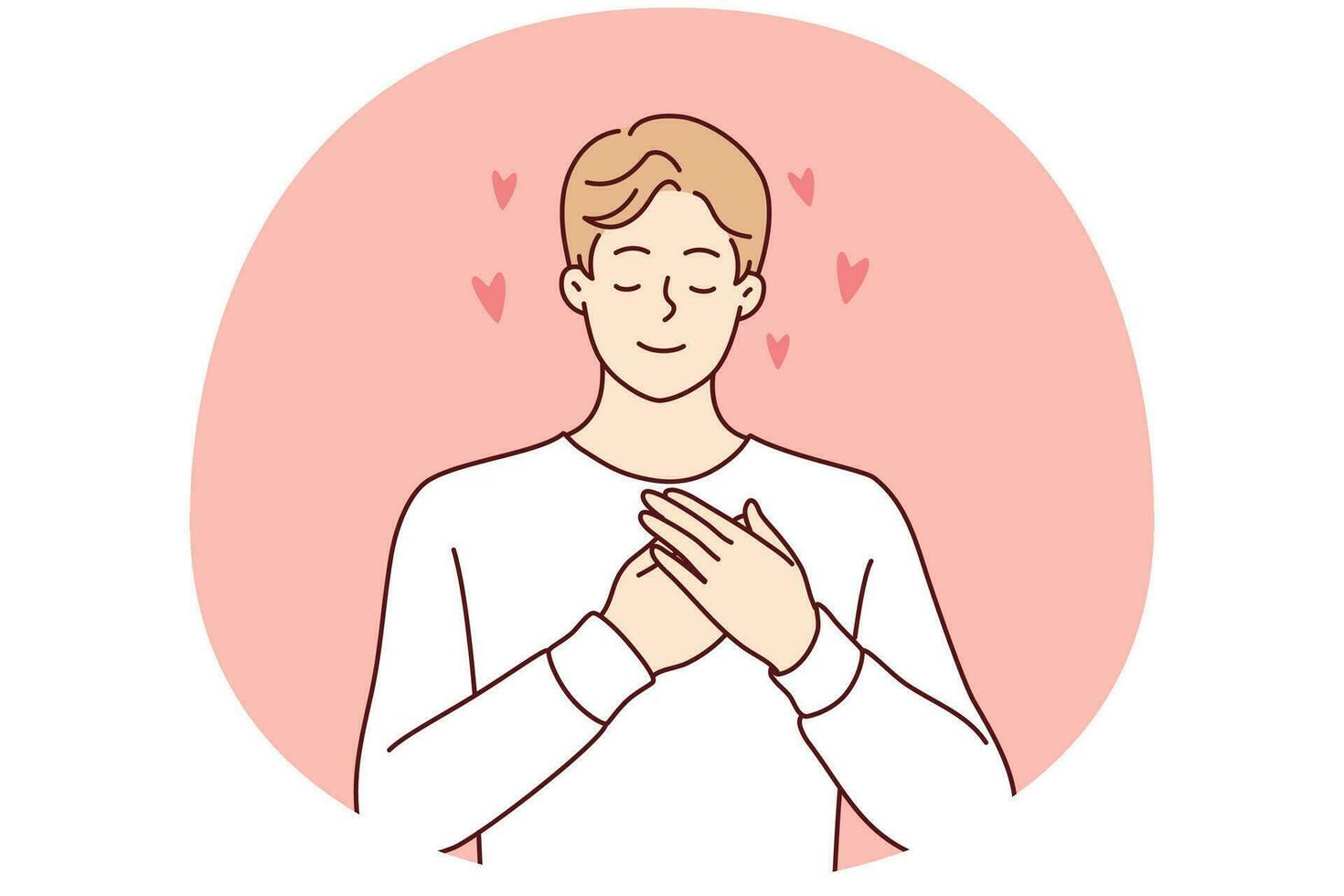 Enamored man puts hands on chest and closes eyes remembering girlfriend. Vector image