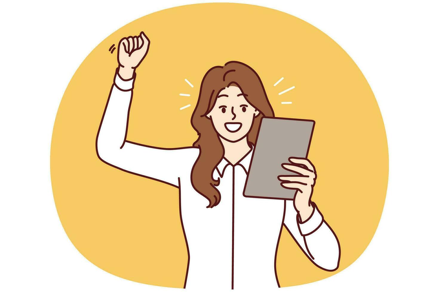 Happy woman raising hand making victory gesture and looking at electronic tablet. Vector image