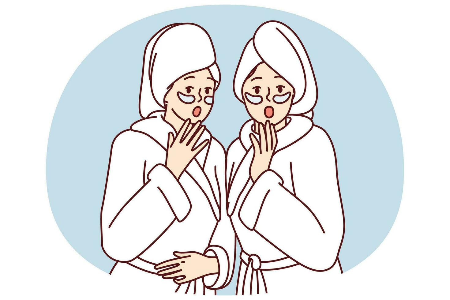 Shocked women dressed in white shower robes with towels on wet hair opening mouths. Vector image
