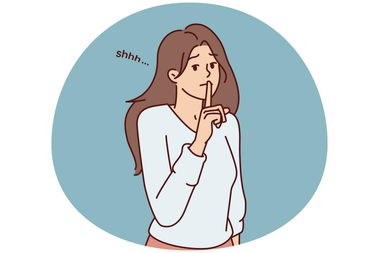 Modest woman puts finger to lips wanting to keep secret or calm interlocutor. Vector image