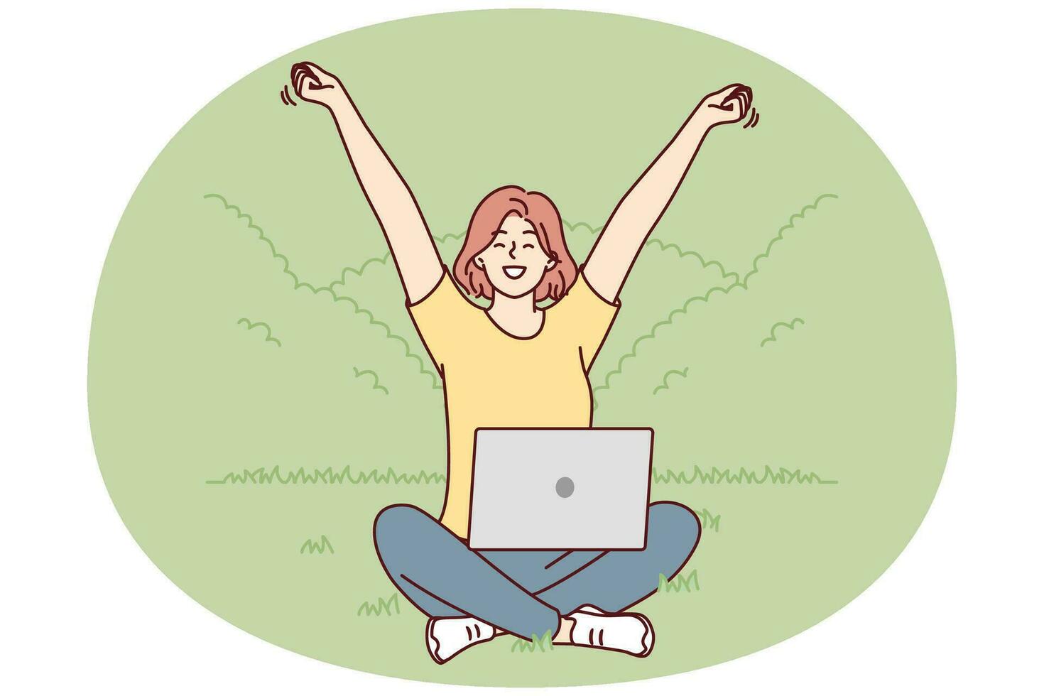 Happy woman sitting on lawn in park with laptop on knees and stretching hands up. Vector image