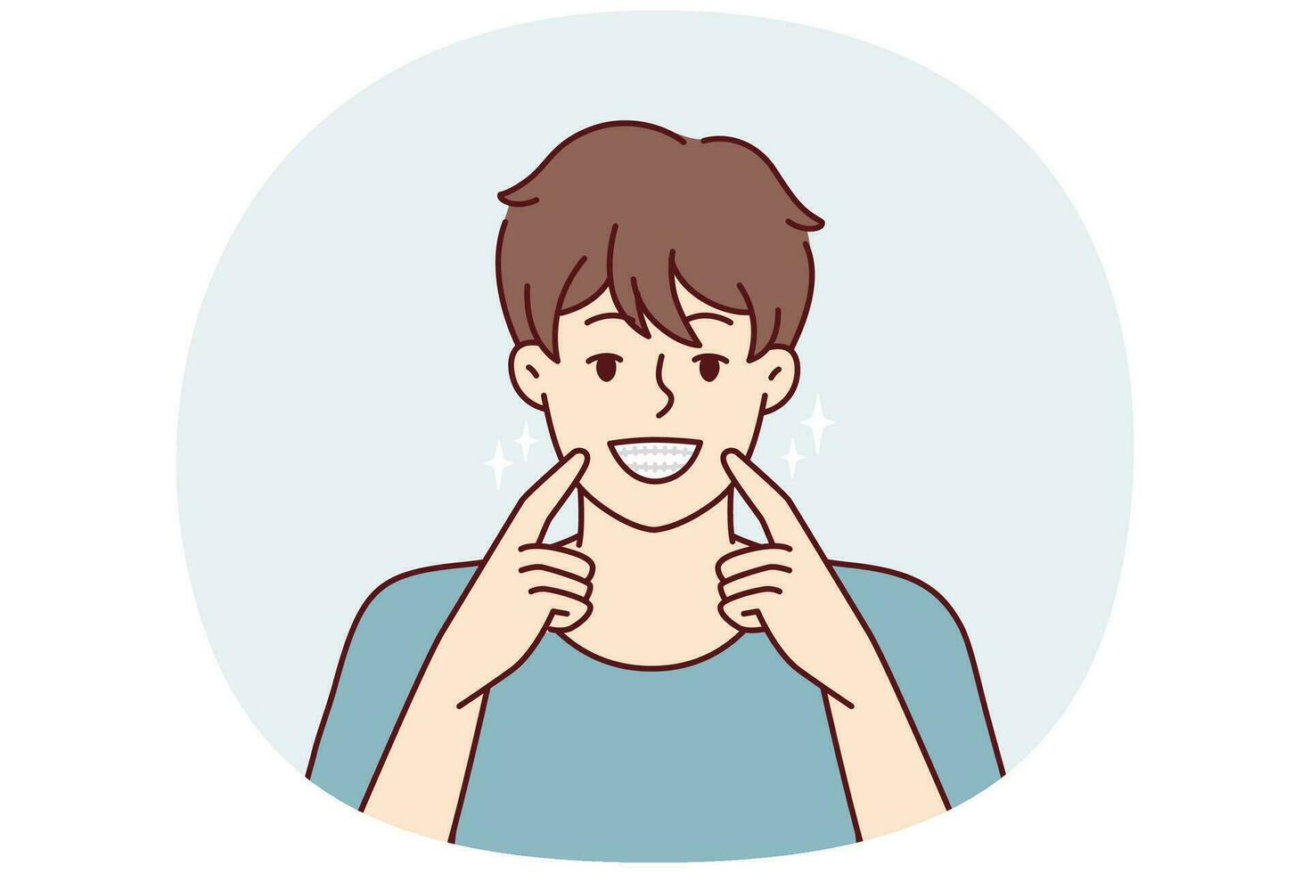 Man smiles broadly pointing fingers at mouth showing off snow-white healthy teeth. Vector image