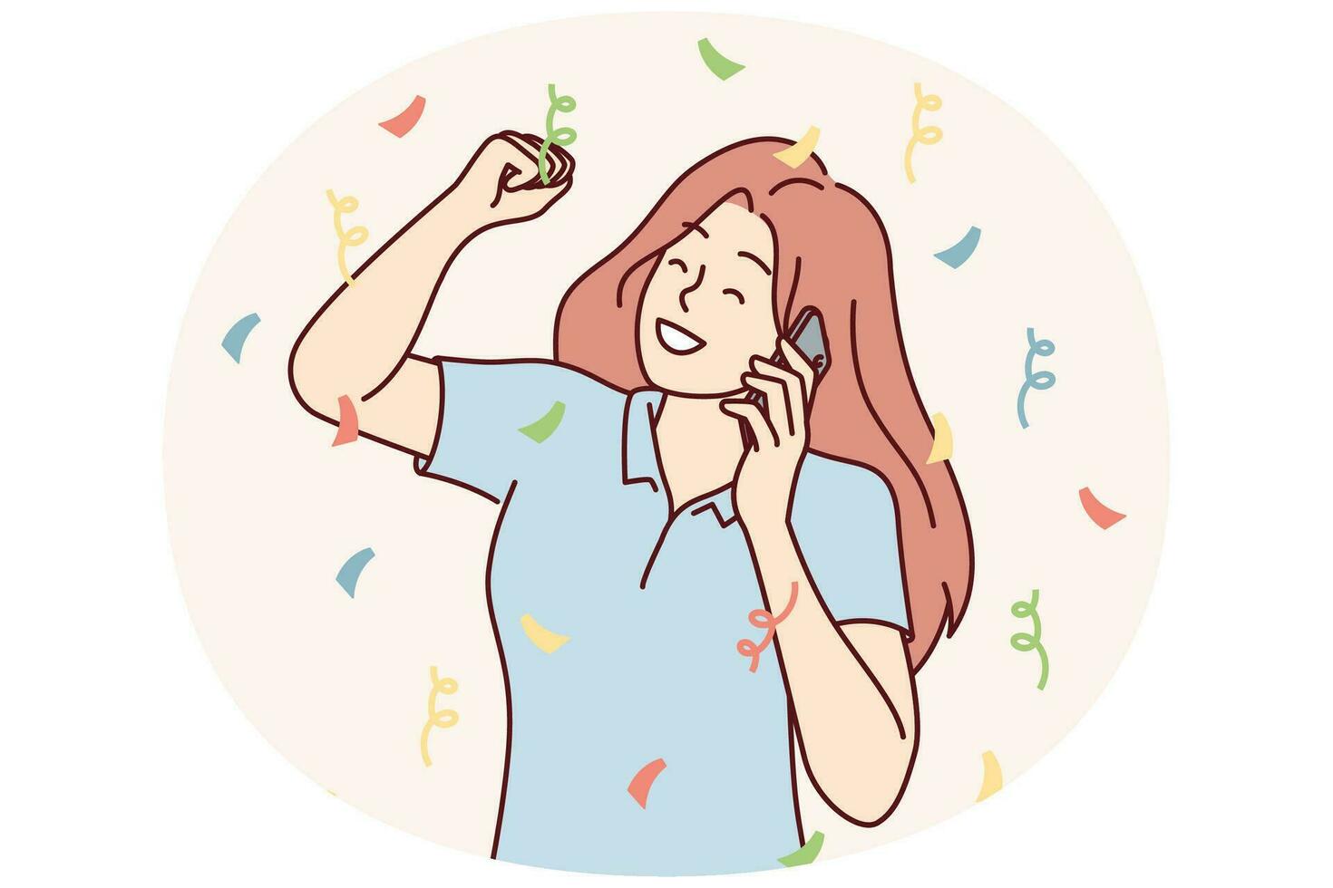 contento mujer hablando en teléfono y victoria gesto aceptar Felicidades en cumpleaños vector imagen