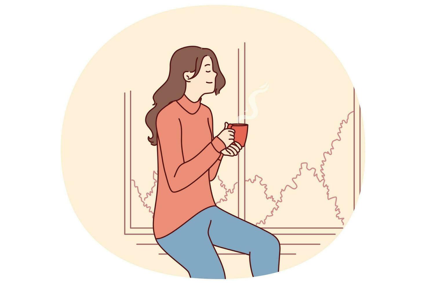 Positive girl dreaming and watching landscape through window with cup coffee in hands. Vector image