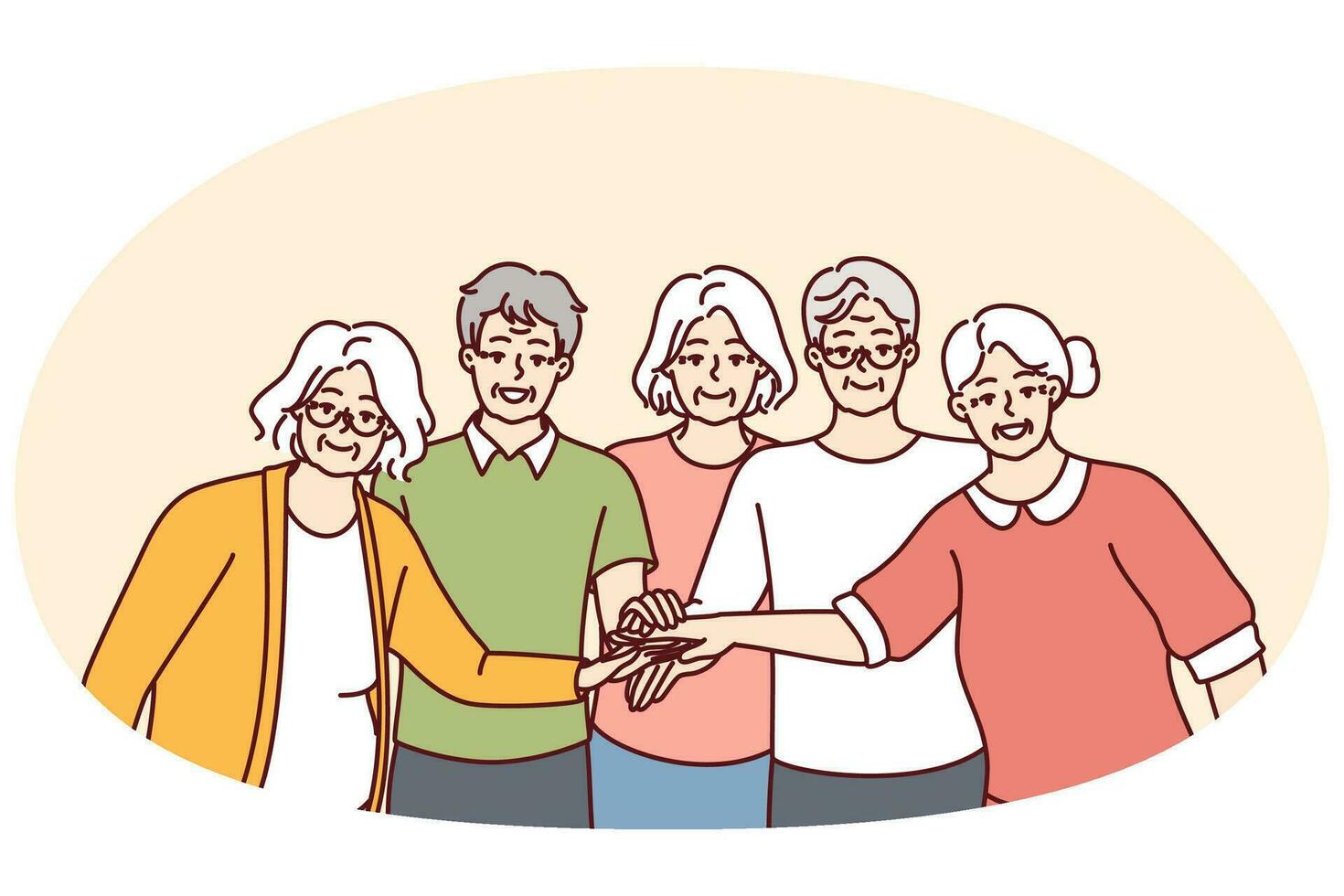 Elderly men and women with gray hair stand with their hands outstretched to center. Vector image