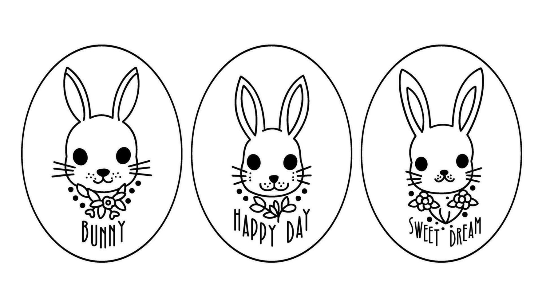 Rabbit tattoo design with round shapes, cute hand drawn bunny, black thin line art, vector illustration.