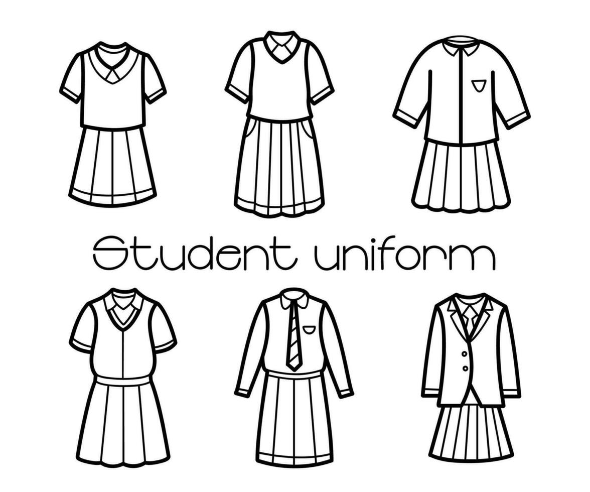 Set of sketched outline student uniforms, simple hand drawn line art, high school uniform, vector illustration.