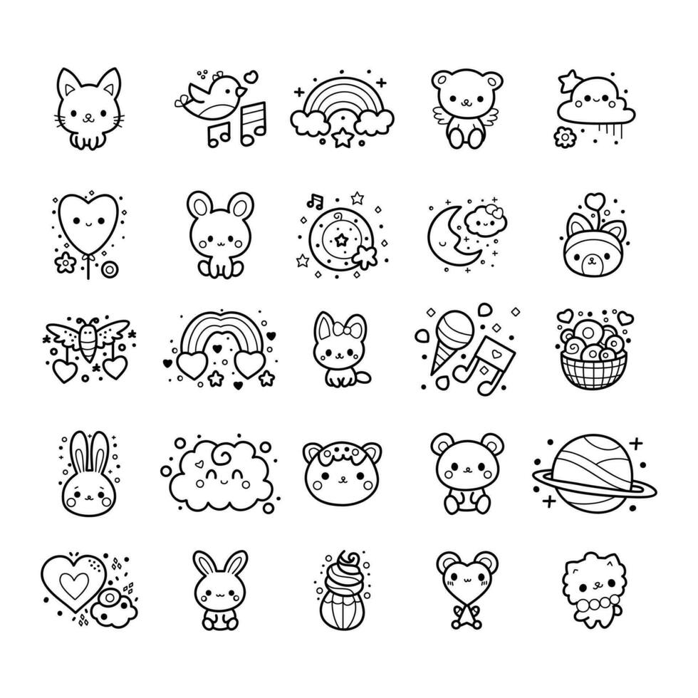 Collection of cute small doodle drawing clipart elements, kawaii emoji hand drawn, flat design icon vector illustration.