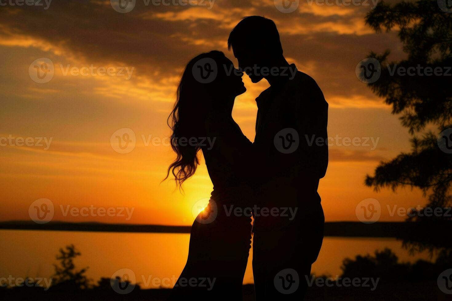 ai generado un silueta de un Pareja abrazando en contra el fondo de un hermosa puesta de sol foto