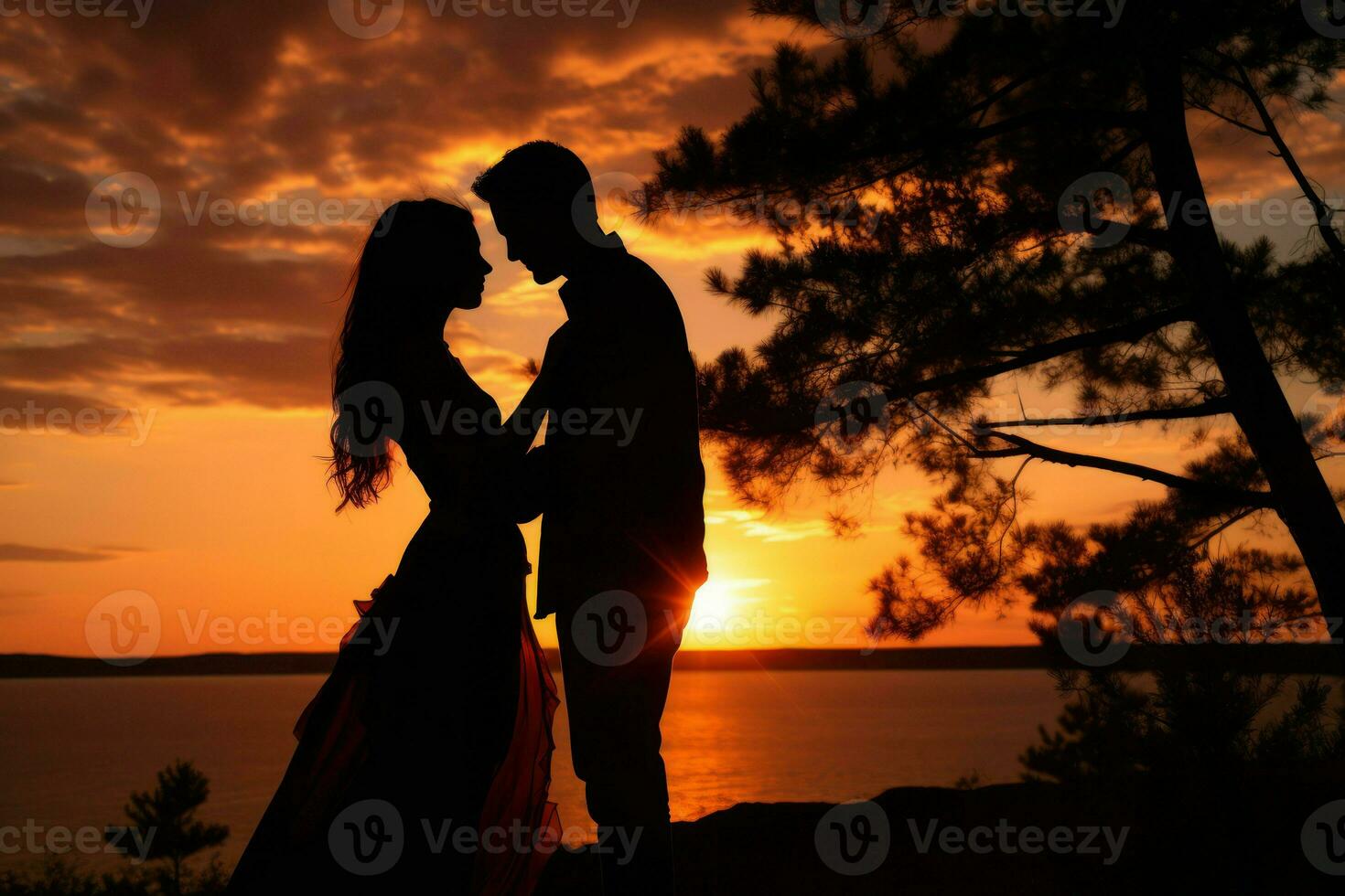 AI generated A silhouette of a couple embracing against the backdrop of a beautiful sunset photo