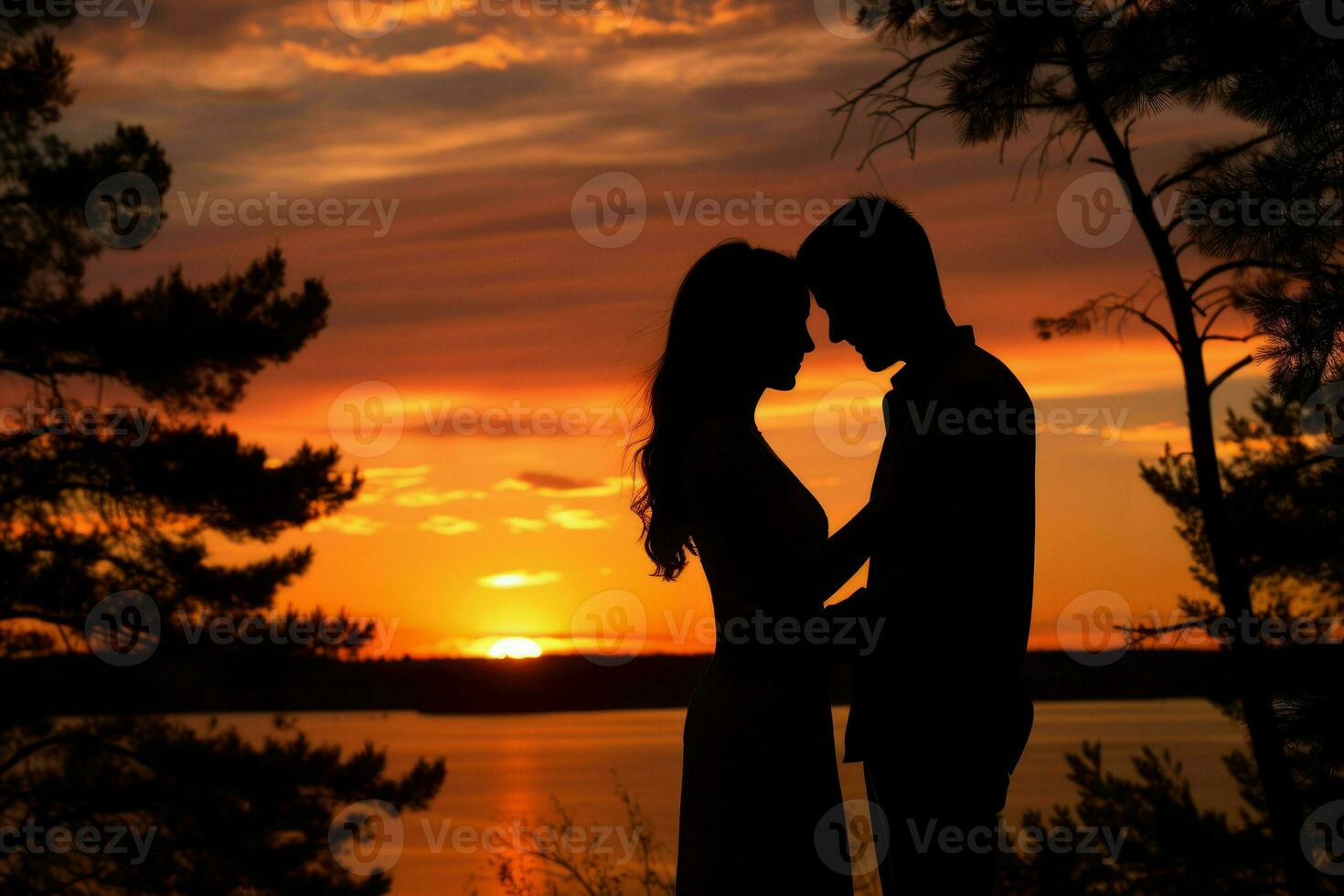 AI generated A silhouette of a couple embracing against the backdrop of a beautiful sunset photo