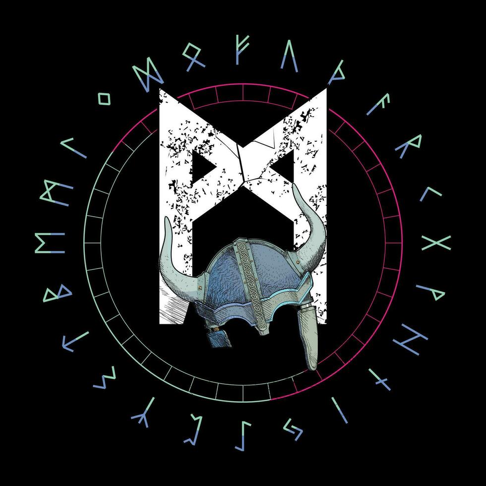 Runic alphabet t-shirt design. Runic letter called Mannaz next to a fallen Viking helmet. vector