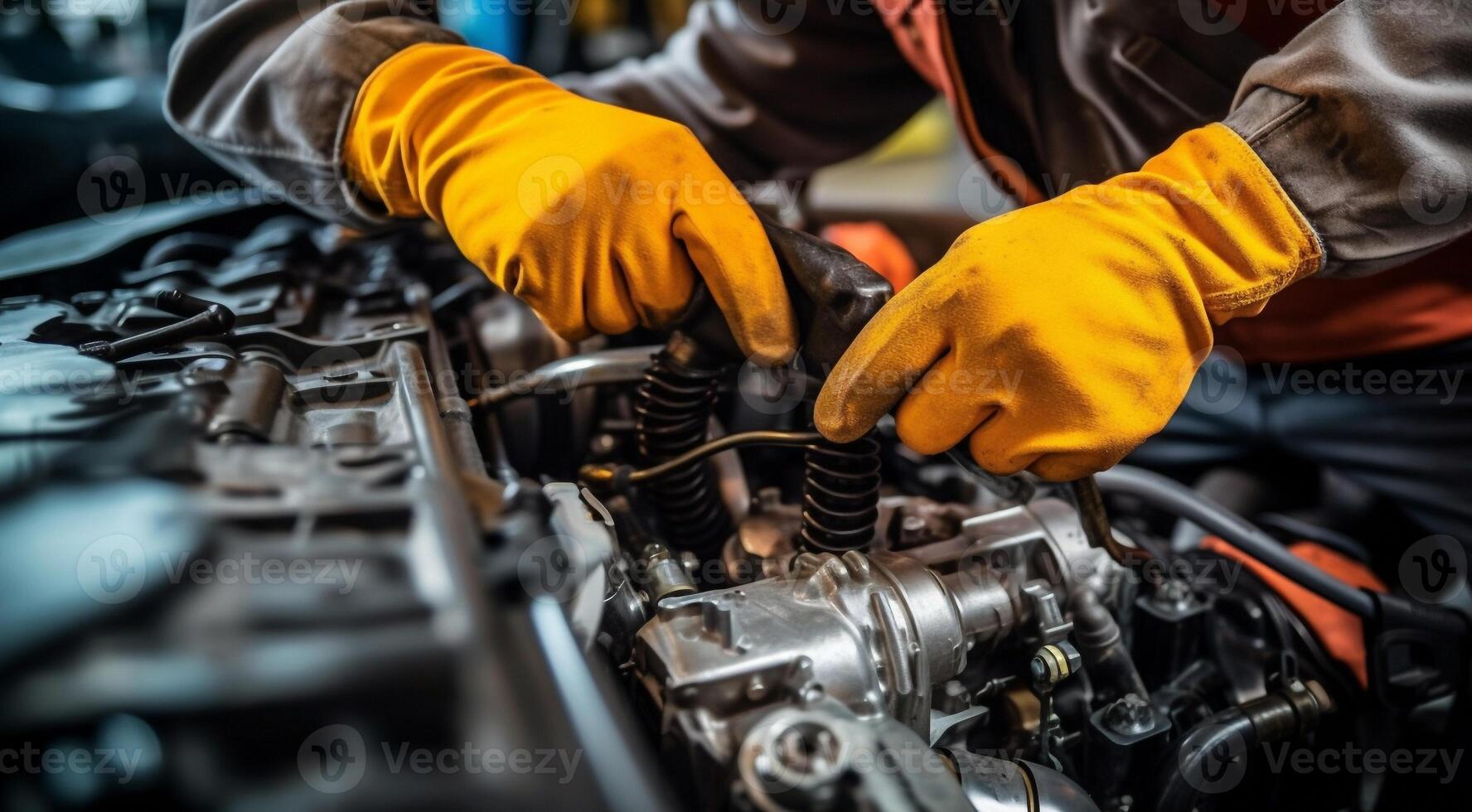 AI generated closeup of a auto mechanic repairing engine, closeup car engine, auto mechanic