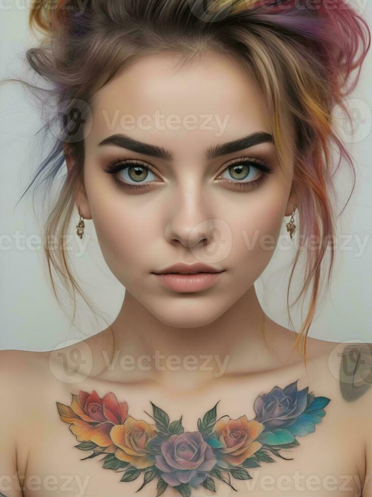 AI generated Portrait of a woman with a body full of artistic tattoos photo