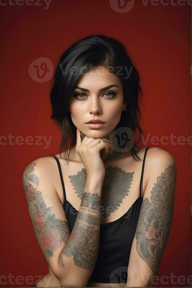 AI generated Portrait of a woman with a body full of artistic tattoos photo