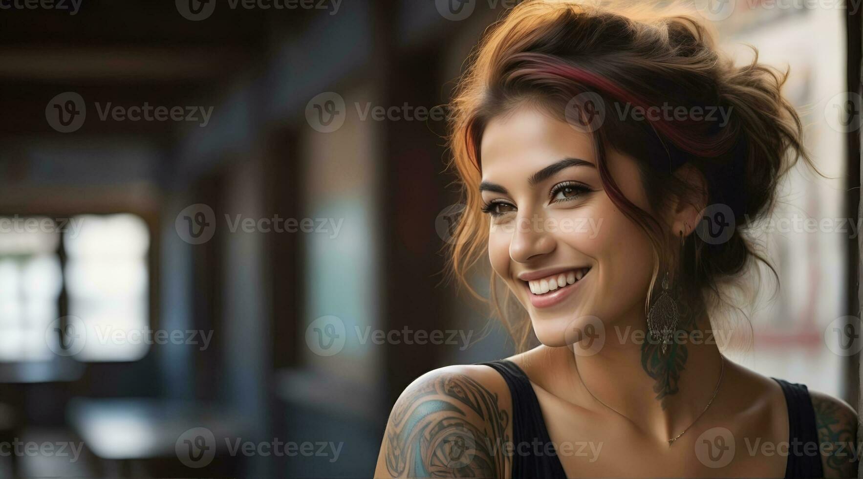 AI generated Portrait of a woman with a body full of artistic tattoos photo