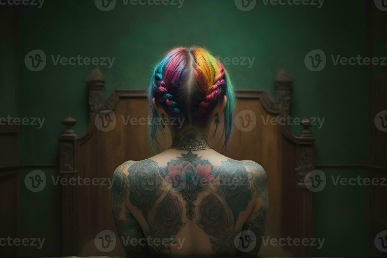 ai generado retrato de un mujer con un cuerpo lleno de artístico tatuajes foto