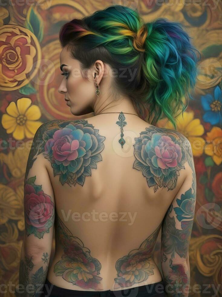 ai generado retrato de un mujer con un cuerpo lleno de artístico tatuajes foto