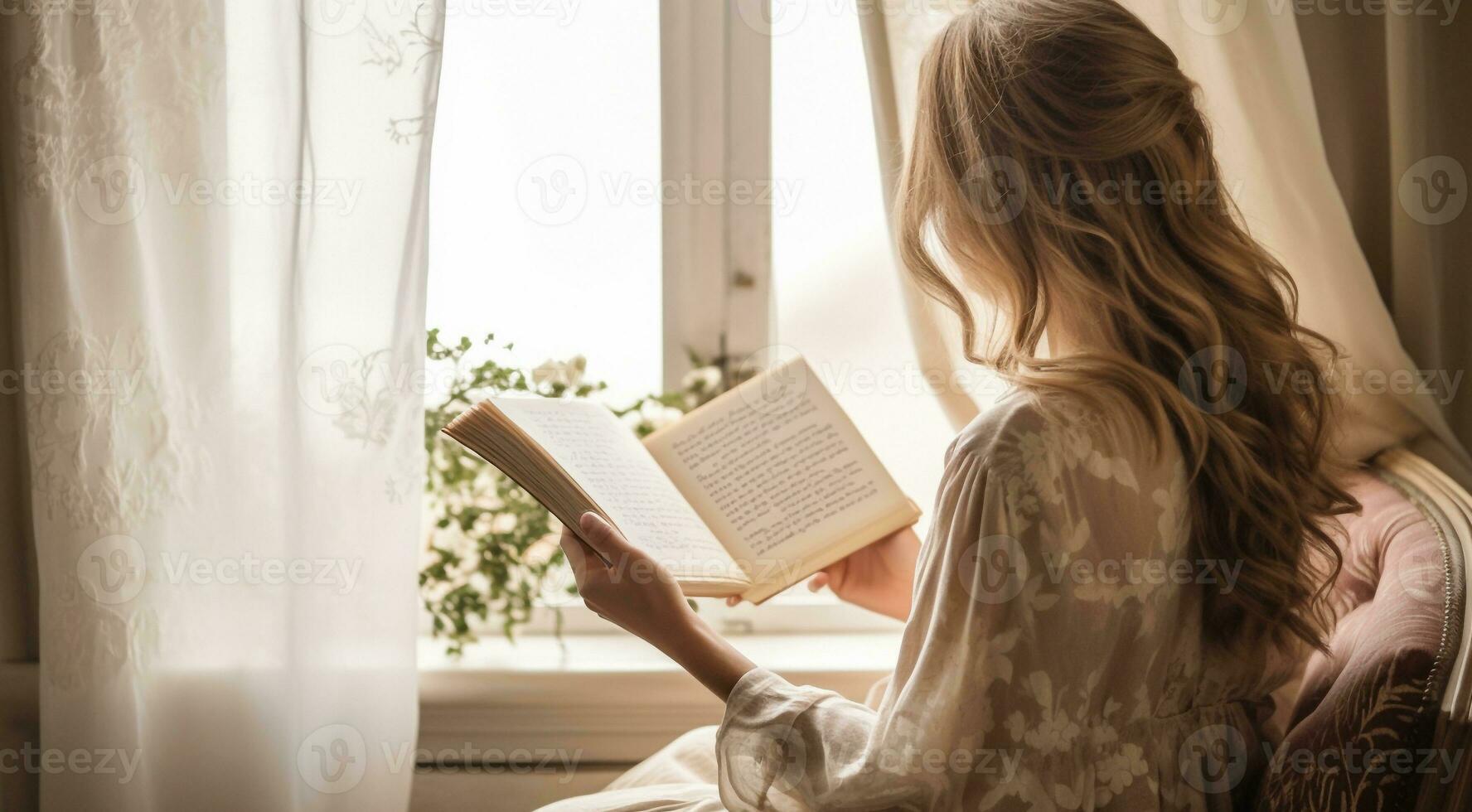 AI generated close-up of a girl reading book, girl with book, pretty young woman learning with book, wooman with book photo